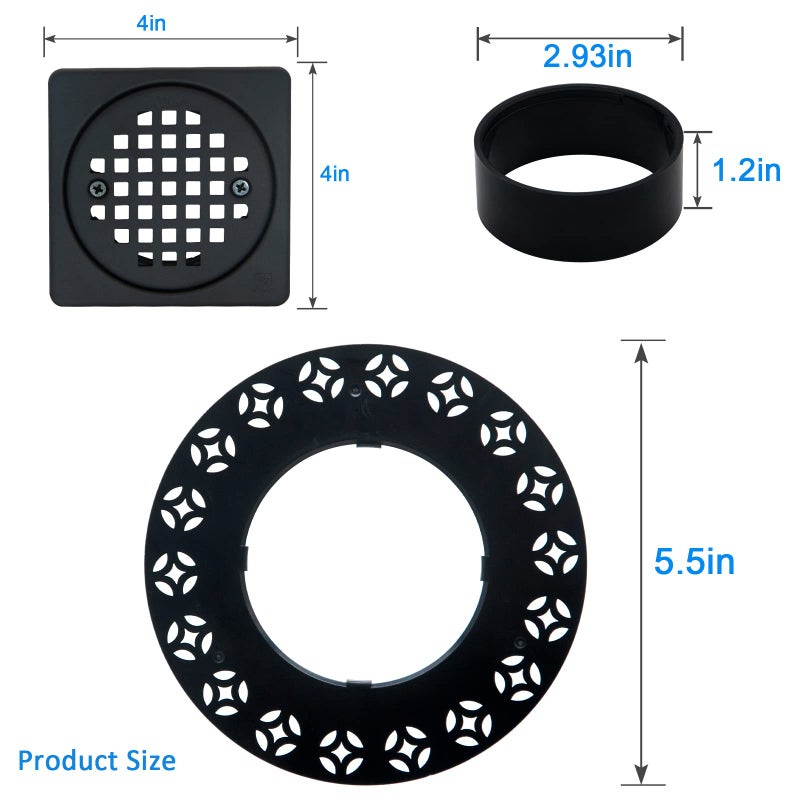 REEPLAR 4 Inch Drain Grate Kit Compatible with Schluter Kerdi-Drain Flange Square Shower Floor Drain SS304 Stainless Steel and ABS Material - CUPC Certification  Matte Black - Image 2